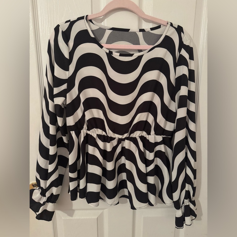 Wavy Black & White Peplum Long-Sleeve Top
